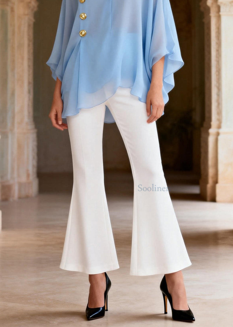 Style Blue V Neck Top and White Pants Silk Sets 2 Pieces Summer