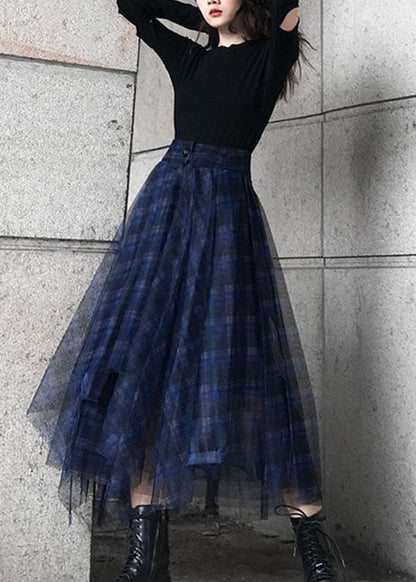 Style Blue Asymmetrical Design Plaid Tulle Skirt Spring