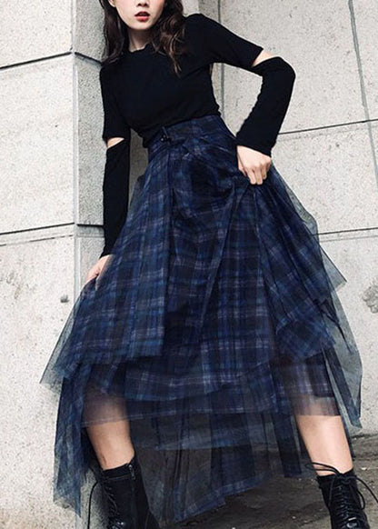 Style Blue Asymmetrical Design Plaid Tulle Skirt Spring