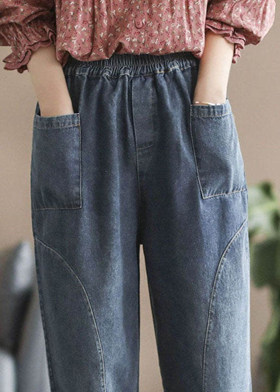 Style Blue Elastic Waist Pockets Cotton Denim Harem Pants Spring