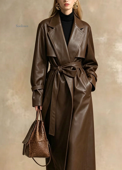 Style Brown Peter Pan Collar Pockets Lace Up Faux Leather Trench Fall