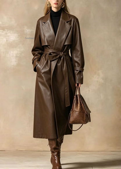 Style Brown Peter Pan Collar Pockets Lace Up Faux Leather Trench Fall