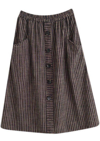 Style Brown Stripedbutton Cottonlinen Skirts Summer