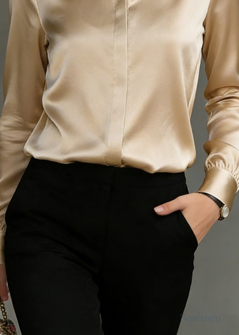 Style Champagne Peter Pan Collar Draping Silk Shirt Tops Spring