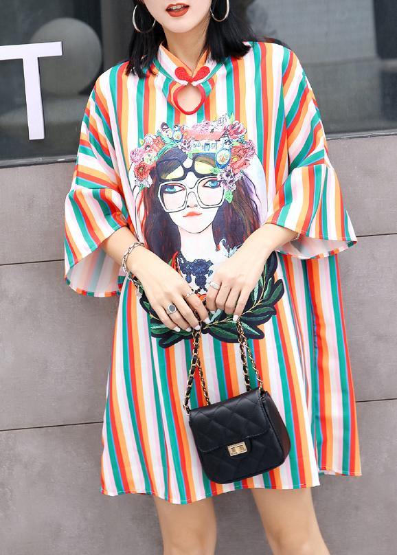 Style Chinese Button Cotton Wardrobes Ideas Striped Prints Dress Summer