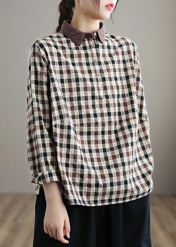 Style Chocolate Plaid Shirts Women Lapel Patchwork Vestidos De Lino Spring Shirts
