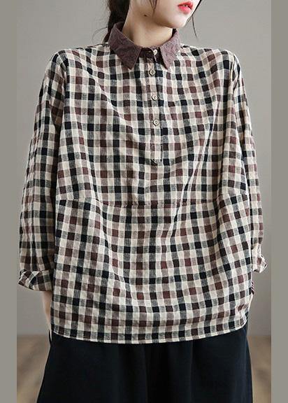 Style Chocolate Plaid Shirts Women Lapel Patchwork Vestidos De Lino Spring Shirts