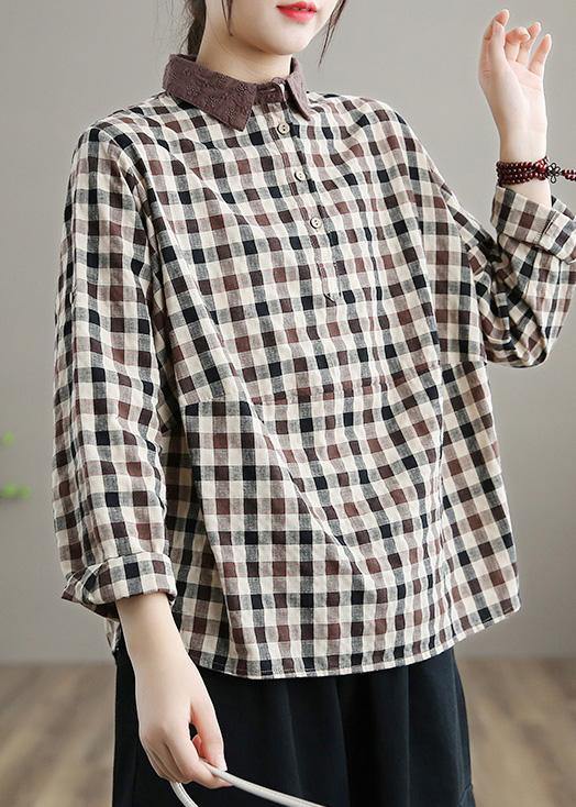 Style Chocolate Plaid Shirts Women Lapel Patchwork Vestidos De Lino Spring Shirts