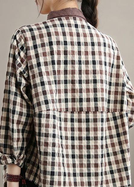 Style Chocolate Plaid Shirts Women Lapel Patchwork Vestidos De Lino Spring Shirts