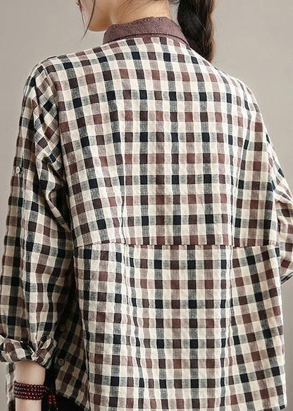 Style Chocolate Plaid Shirts Women Lapel Patchwork Vestidos De Lino Spring Shirts