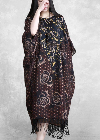 Style Chocolate Print Quilting Clothes O Neck Tassel Spring Dresses