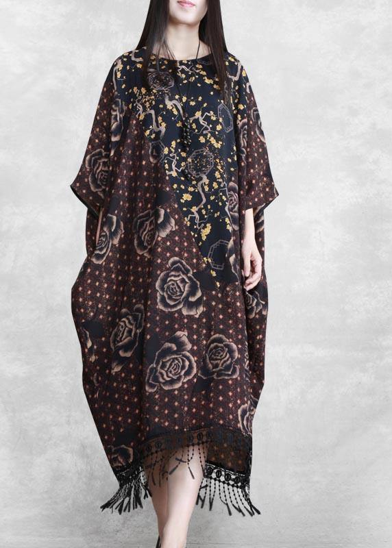 Style Chocolate Print Quilting Clothes O Neck Tassel Spring Dresses
