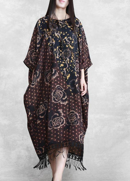 Style Chocolate Print Quilting Clothes O Neck Tassel Spring Dresses