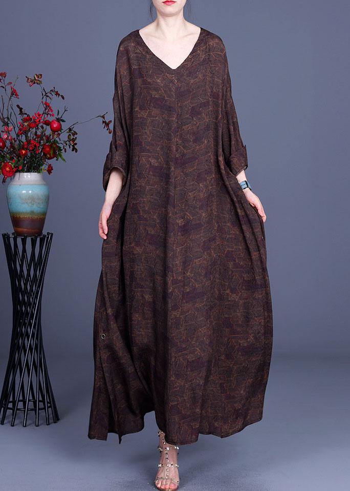 Style Chocolate Print V Neck Side Open Chiffon Dresses Summer
