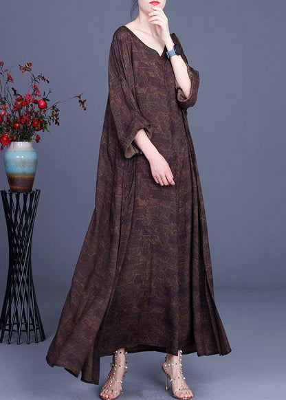 Style Chocolate Print V Neck Side Open Chiffon Dresses Summer