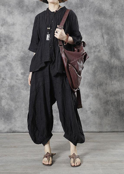 Style Chocolate Stand Button Asymmetrical Design Linen Fall Half Sleeve Two Pieces Set
