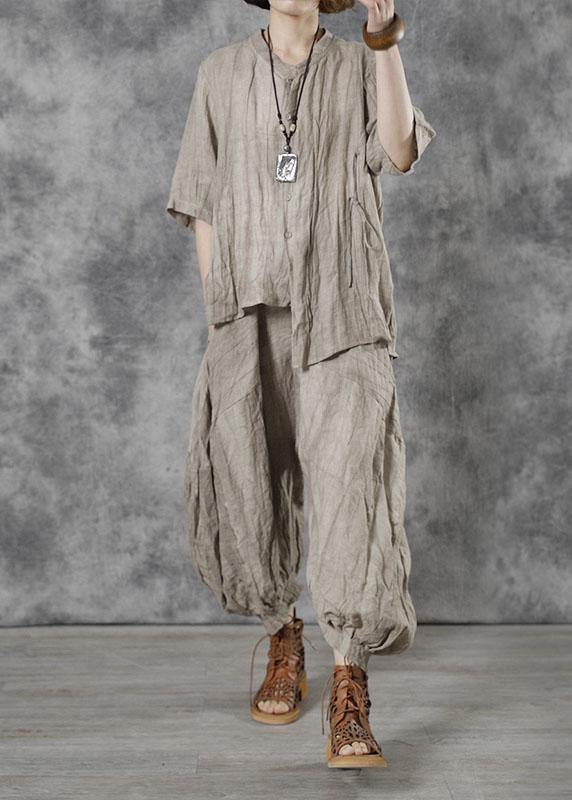 Style Chocolate Stand Button Asymmetrical Design Linen Fall Half Sleeve Two Pieces Set