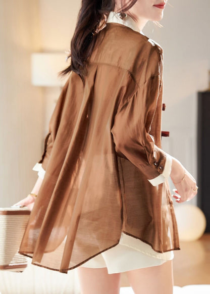 Style Coffee False Two Pieces Patchwork Chiffon Top Summer