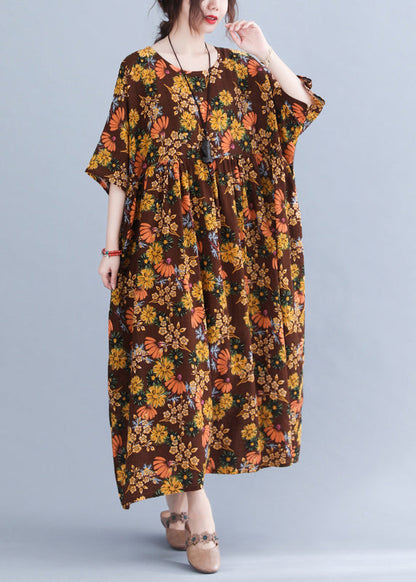 Style Chocolate O-neck Cinched Print Holiday Dress Half Sleeve