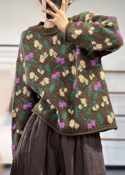 Style Chocolate O-neck Oversized Thick Jacquard Knit Sweaters Winter