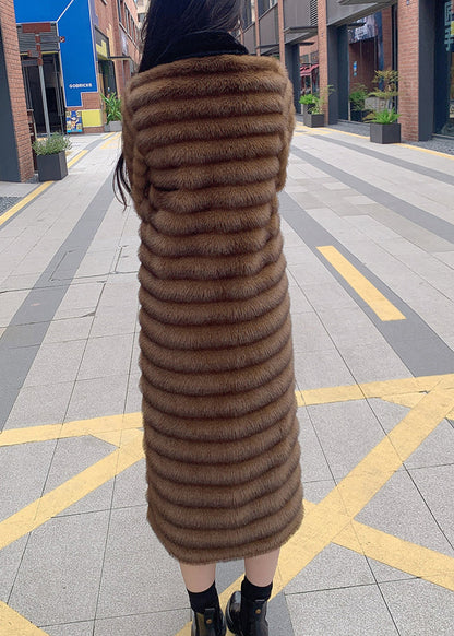 Style Coffee Peter Pan Collar Patchwork Leather and Fur Long Coats Spring