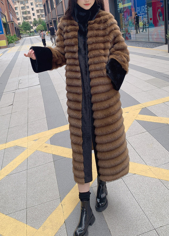 Style Coffee Peter Pan Collar Patchwork Leather and Fur Long Coats Spring