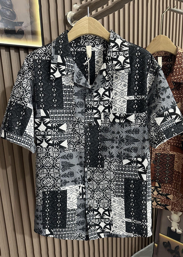 Style Coffee Peter Pan Collar Print Pockets Cotton Shirts Summer