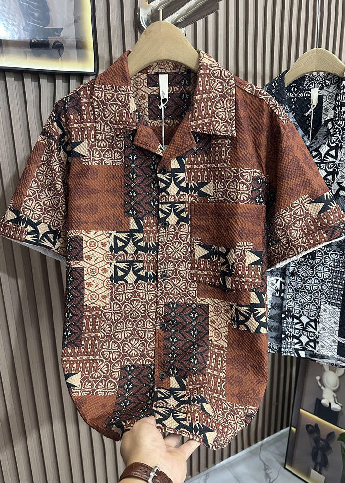 Style Coffee Peter Pan Collar Print Pockets Cotton Shirts Summer