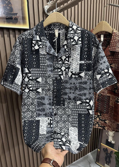 Style Coffee Peter Pan Collar Print Pockets Cotton Shirts Summer