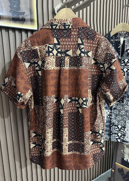 Style Coffee Peter Pan Collar Print Pockets Cotton Shirts Summer