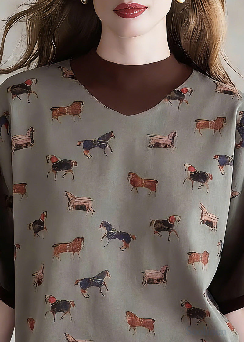 Style Coffee Print Fake Two-piece Top Short Sleeve