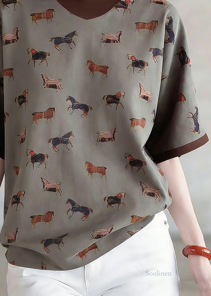 Style Coffee Print Fake Two-piece Top Short Sleeve