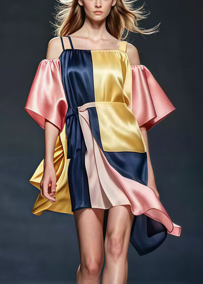 Style Colorblock Asymmetrical Patchwork Silk Sundress Summer
