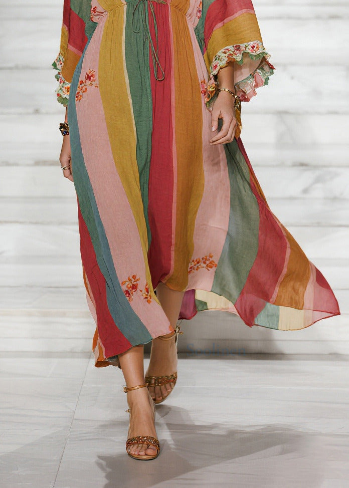 Style Colorblock Deep-v Neck Striped Cotton Holiday Dresses Spring