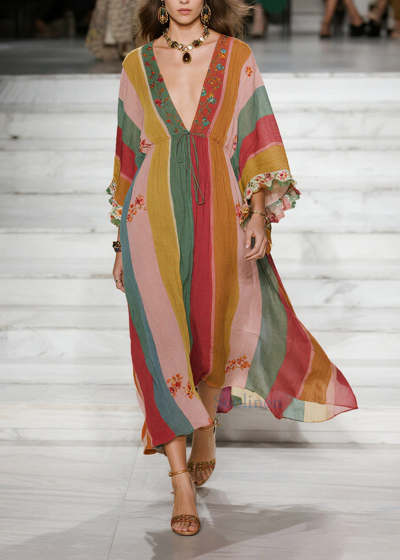 Style Colorblock Deep-v Neck Striped Cotton Holiday Dresses Spring