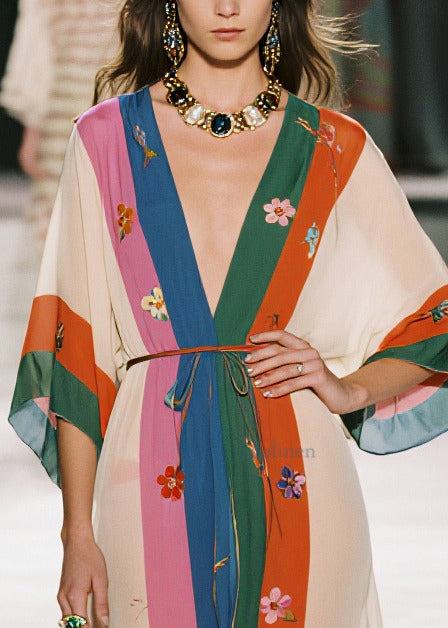 Style Colorblock Print Draping Chiffon Robe Dresses Summer