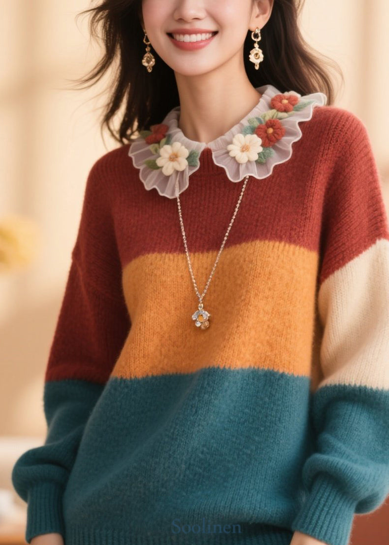 Style Colorblock O Neck Patchwork Knit Pullover Fall