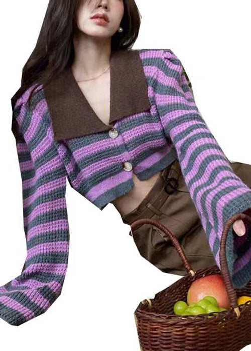 Style Colorblock Peter Pan Collar Striped Button Knit Tops Spring