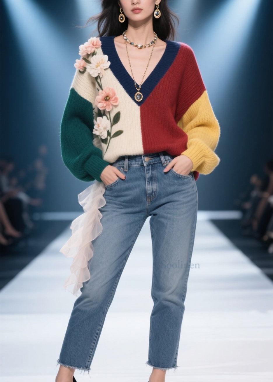 Style Colorblock V Neck Knit Pullover Fall