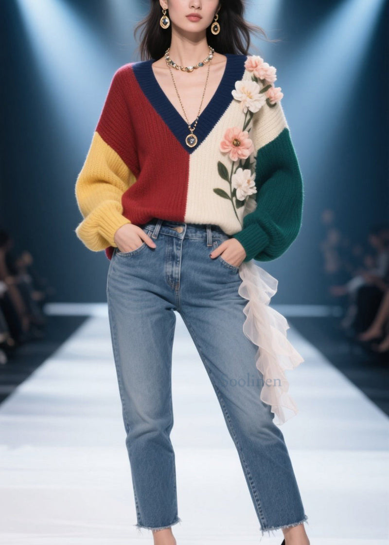 Style Colorblock V Neck Knit Pullover Fall