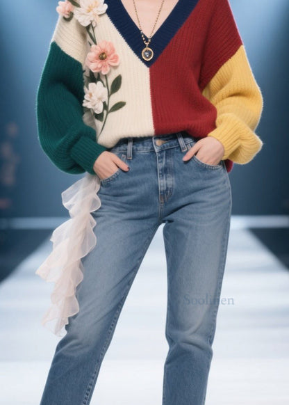 Style Colorblock V Neck Knit Pullover Fall