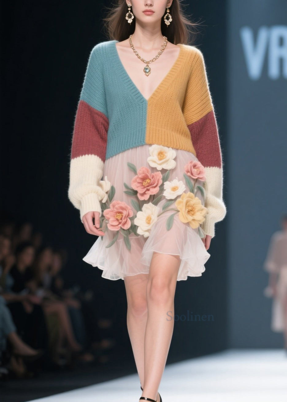 Style Colorblock V Neck Tulle Knit Sweater Dress Fall
