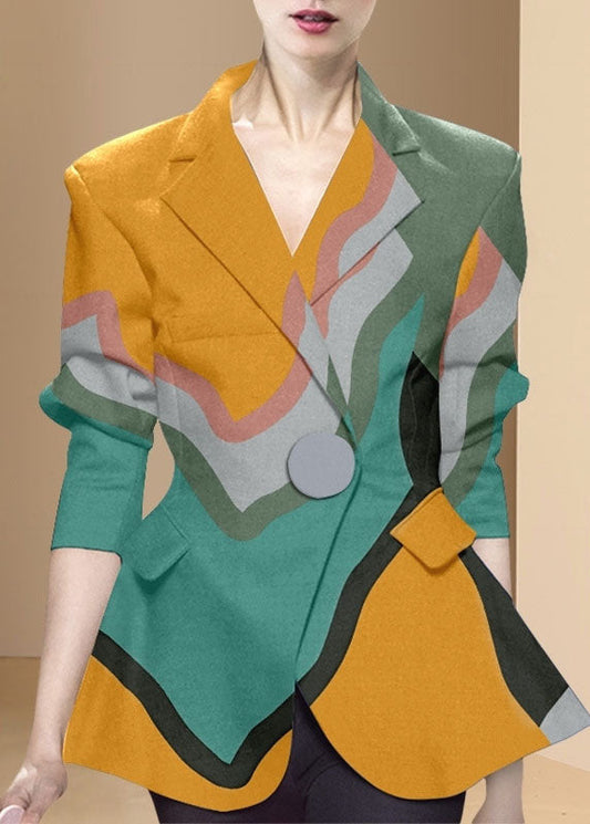 Style Colorblock Button Peter Pan Collar Print Western-style Clothes Coat Long Sleeve