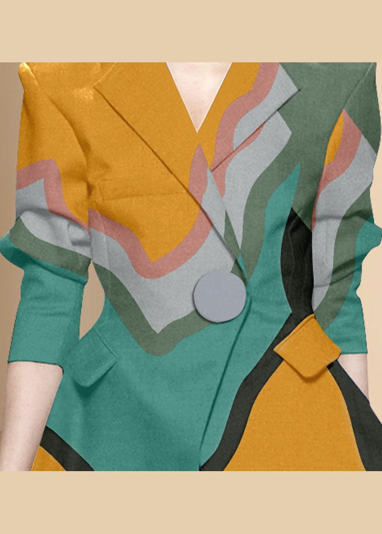 Style Colorblock Button Peter Pan Collar Print Western-style Clothes Coat Long Sleeve