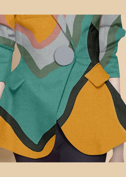 Style Colorblock Button Peter Pan Collar Print Western-style Clothes Coat Long Sleeve