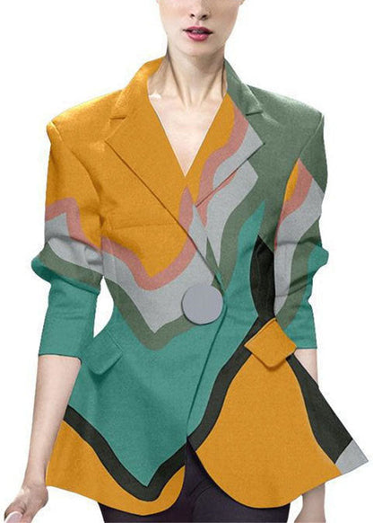 Style Colorblock Button Peter Pan Collar Print Western-style Clothes Coat Long Sleeve