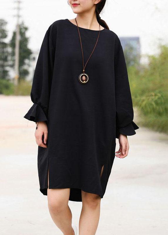Style Cotton Clothes Pakistani O-neck Slit Black Dress Knee-length