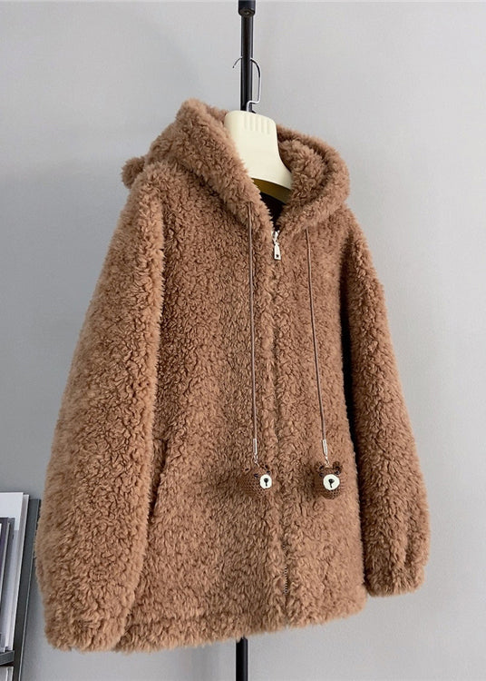 Style Coffee Zippered Wool Hoodie Coat Winter
