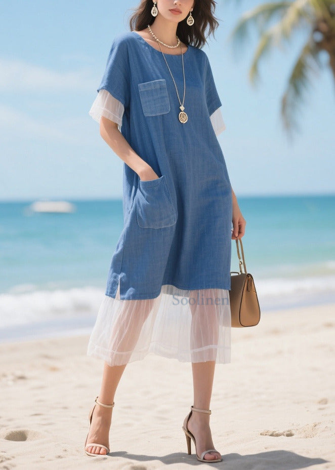 Style Denim Blue Oversized Patchwork Tulle Straight Dress Summer