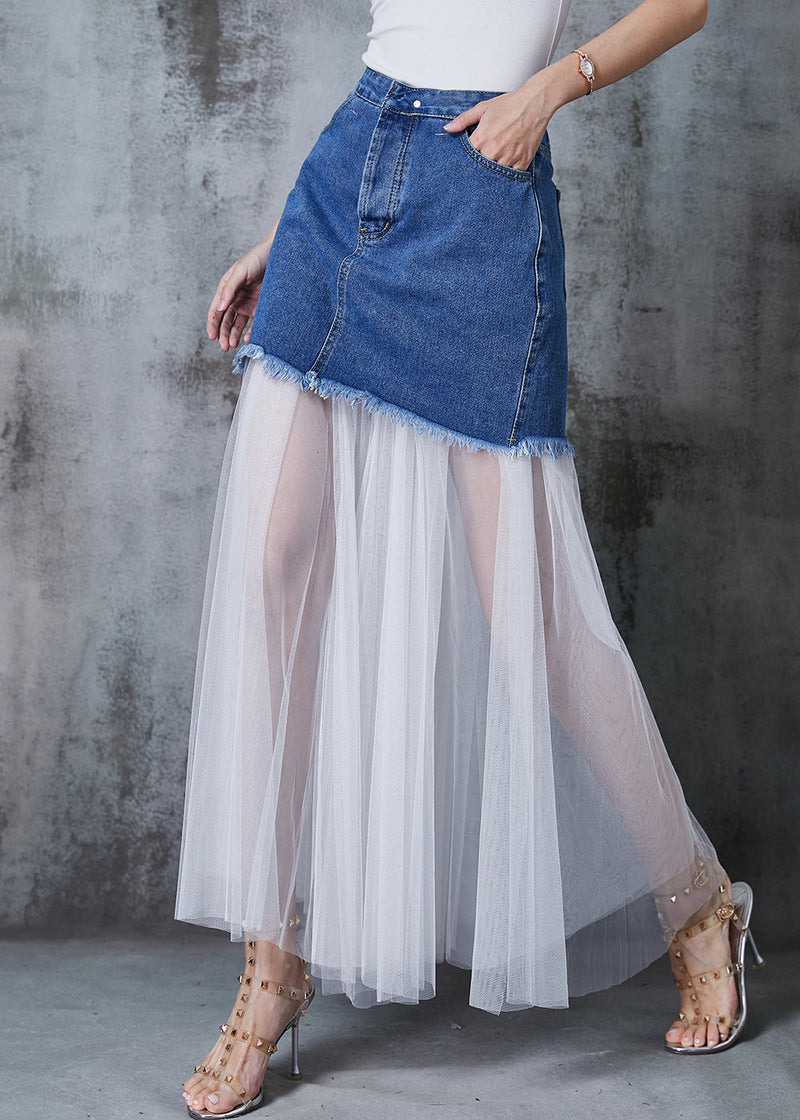 Style Denim Blue Patchwork Tulle Wear on Both Sides Skirt Summer